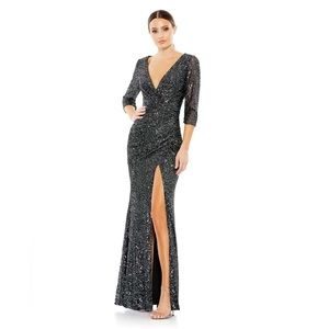MAC DUGGAL NWT SEQUINED DRAPED 3/4 SLEEVE GOWN in Graphite $398 Style #42015